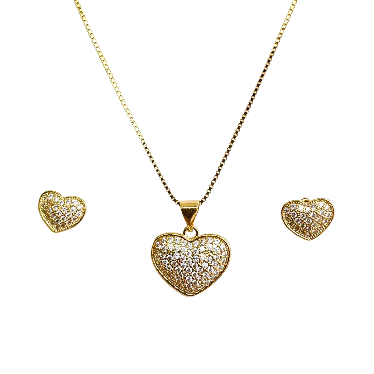 conjunto de colar e brincos em formato de coração cravejado