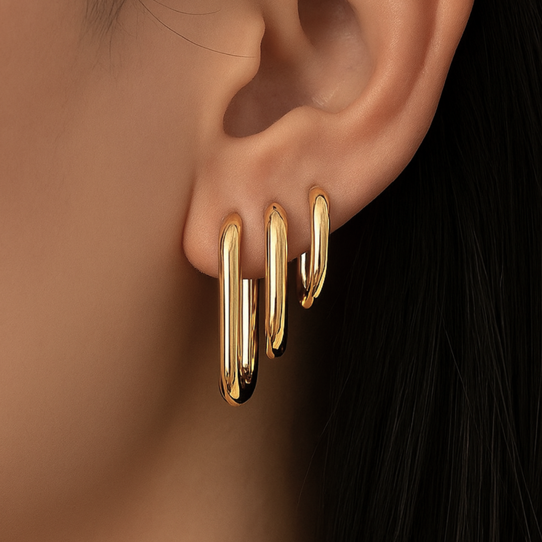 Trio de Brincos Retangular Elos Banhado a Ouro 18k