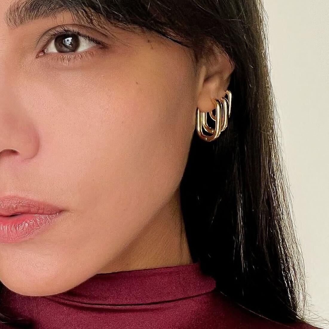 Trio de Brincos Retangular Elos Banhado a Ouro 18k - Imagem 2