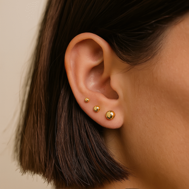 brincos dourados com cabelos castalhos