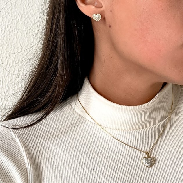 Conjunto Coração Cravejado Banhado a Ouro 18k