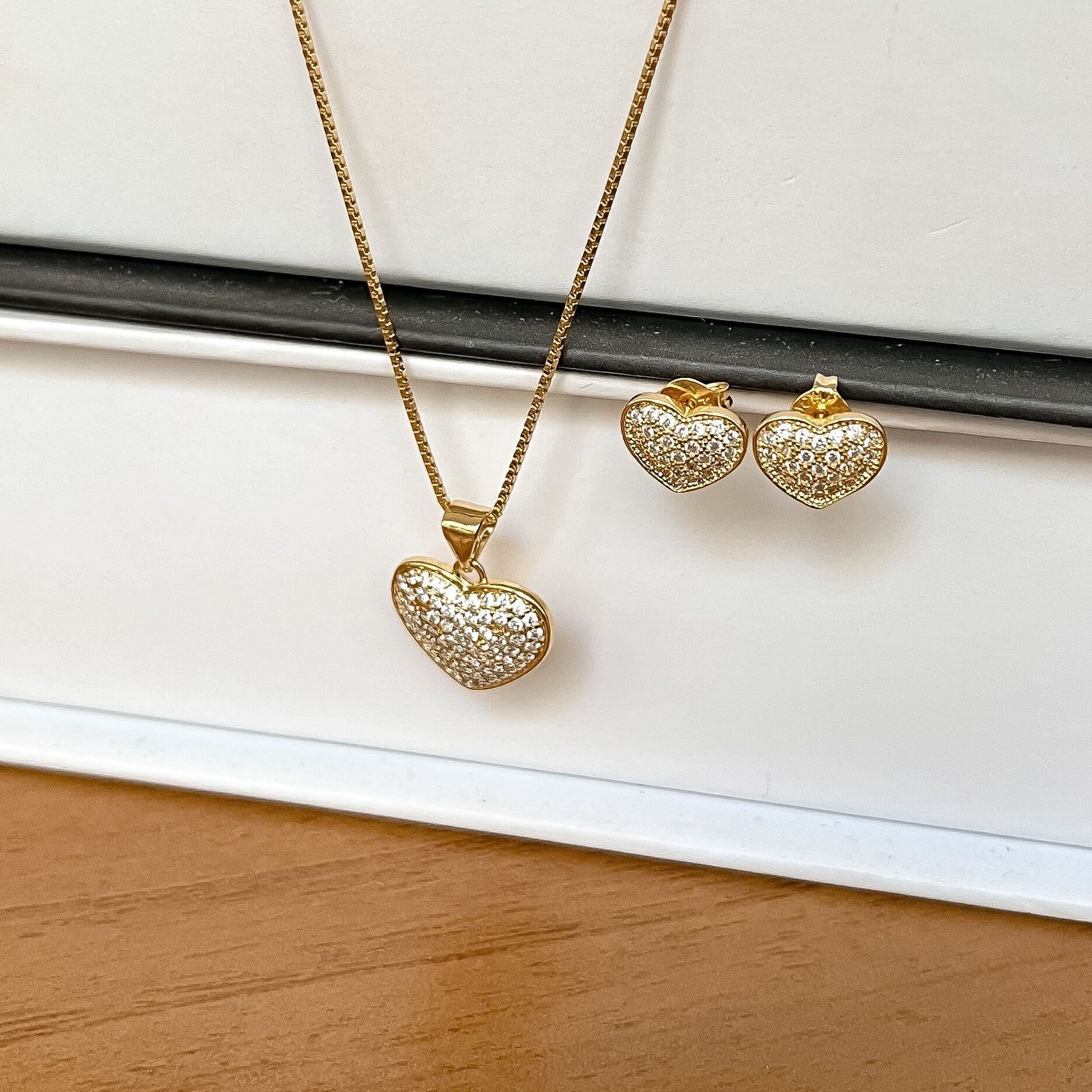 Conjunto Coração Cravejado Banhado a Ouro 18k - Imagem 4